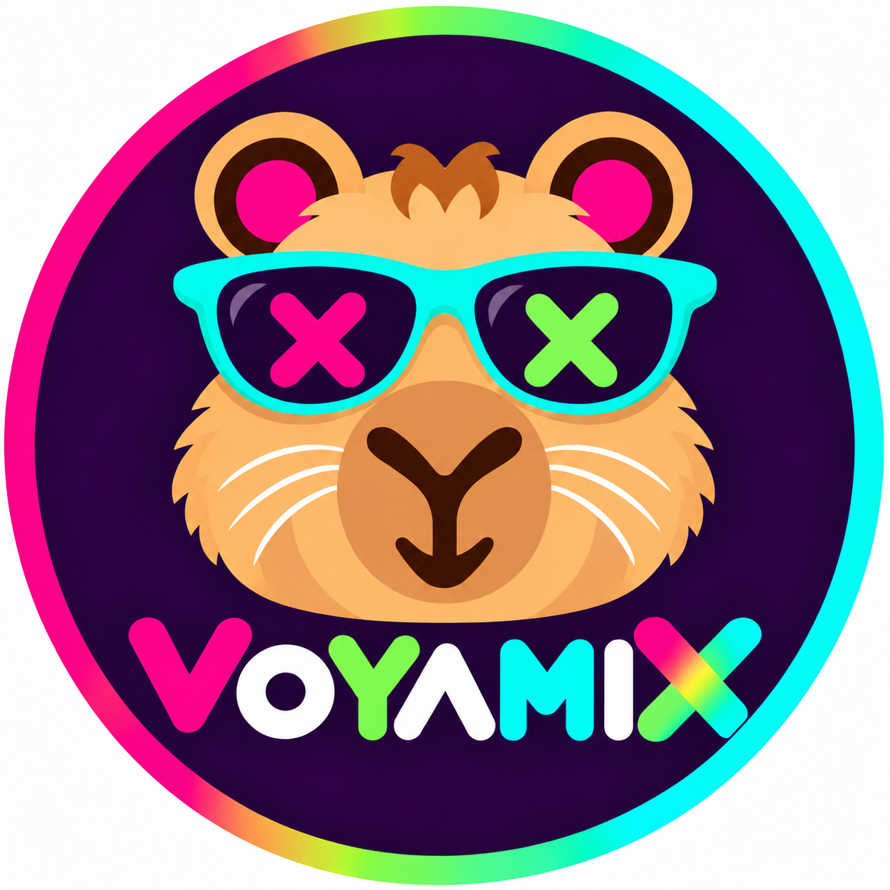Voyamix capybara mascot wearing turquoise sunglasses with pink and lime X lenses